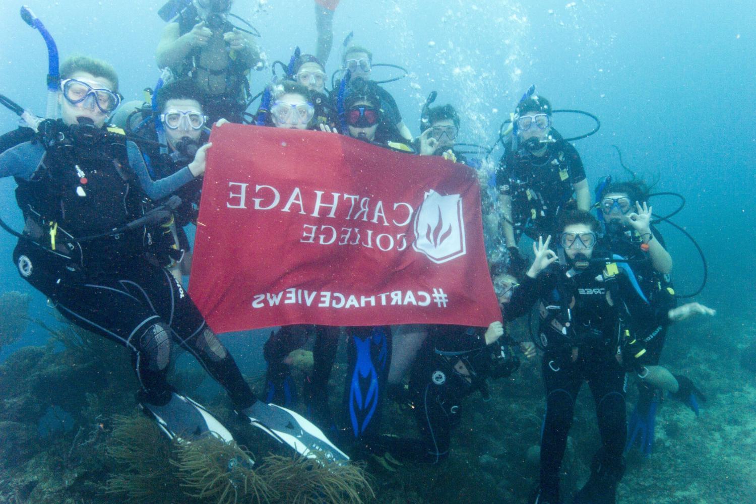 学生们手持<a href='http://lq.mokmingsky.com'>bv伟德ios下载</a>旗帜，在j学期洪都拉斯游学之旅中潜水.